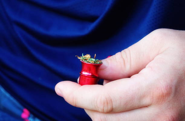 istock Red Grinder With Cannabis Close-Up Blue Background Hand Held 2173403776