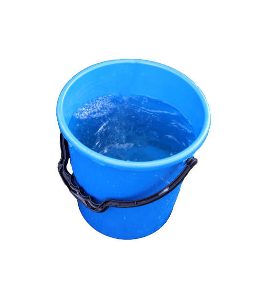istock Blue plastic bucket with clean water - color photo on white background, isolate for design. 2173404181