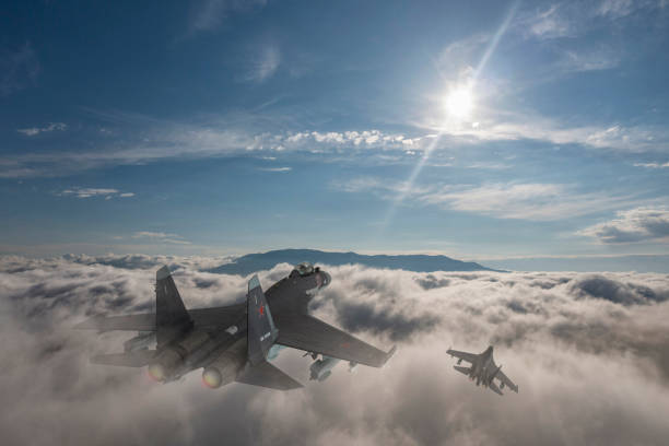 istock Russian Jet fighters flying over clouds. 2173406369