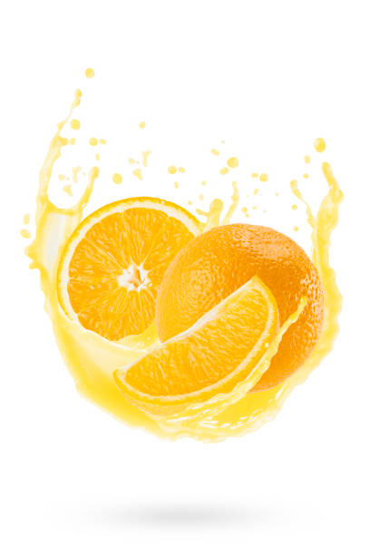 istock Orange pieces with orange juice, drops, splashes, flows levitate on white background, isolated. Vitamin citrus fruits, beverage for advertising, label product, branding, flyer, card, poster, design. 2173415117