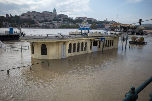 the cresting of the Danube river in Budapest with the Liberty bridge on December 28, 2023. high water level and submerged quay and asphalt low road. road closure. pedestrians inspecting the event.