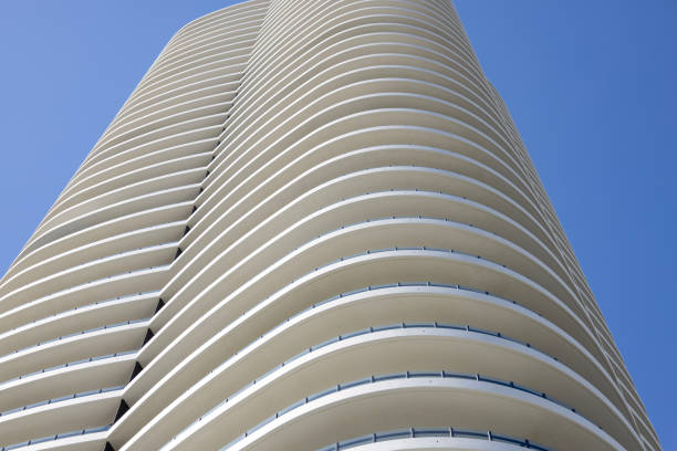 Closeup low angle view of modern corporate glass building, background with copy space, full frame horizontal composition