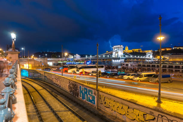 Budapest, Hungary - June 18, 2024: Night cityscape view to the Chain bridge and Buda castle during storm.