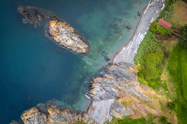 Distant view of the mountain in Bukhta Tikhaya, located on the east coast of Sakhalin Island, Russia. Bright and picturesque scenery.