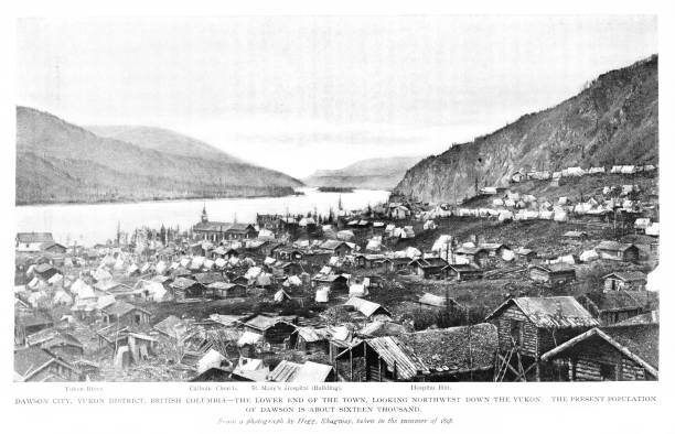 Gold-mining town Dawson City on the Yukon River, Yukon, British Columbia, Canada. Engraving published 1899. Original edition is from my own archives. Copyright has expired and is in Public Domain.