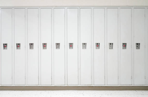 istock close up on white lockers in the school 2173467918