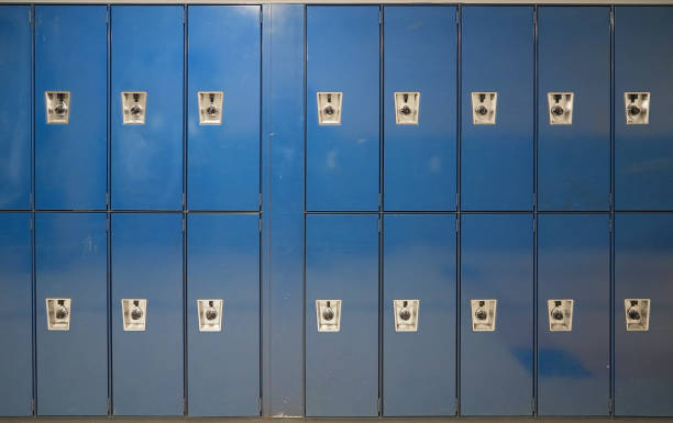 istock close up on old blue lockers in the school 2173468622
