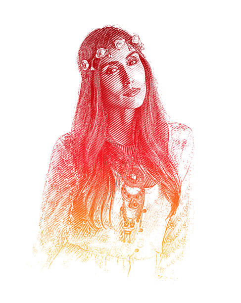 Portrait of one Female Blackfoot Native American, hippie, cut out on white background