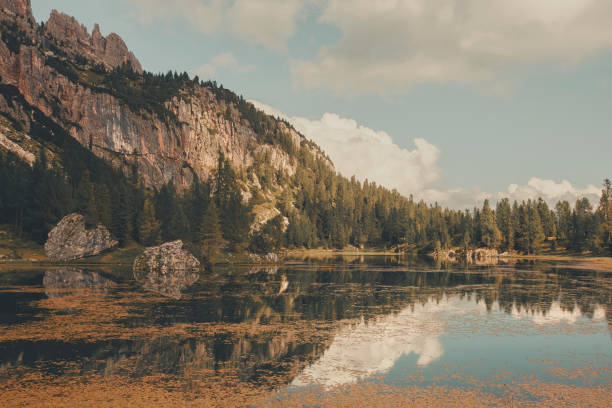 Morning light on mountains, meadow and pond, Dolomites