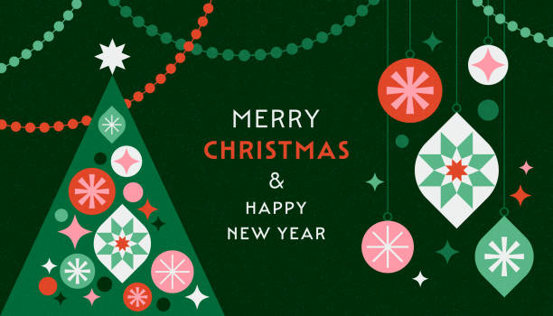 Modern Christmas Tree with Ornaments Greeting Card Christmas card with modern geometric Christmas tree and ornaments. christmas tree stock illustrations