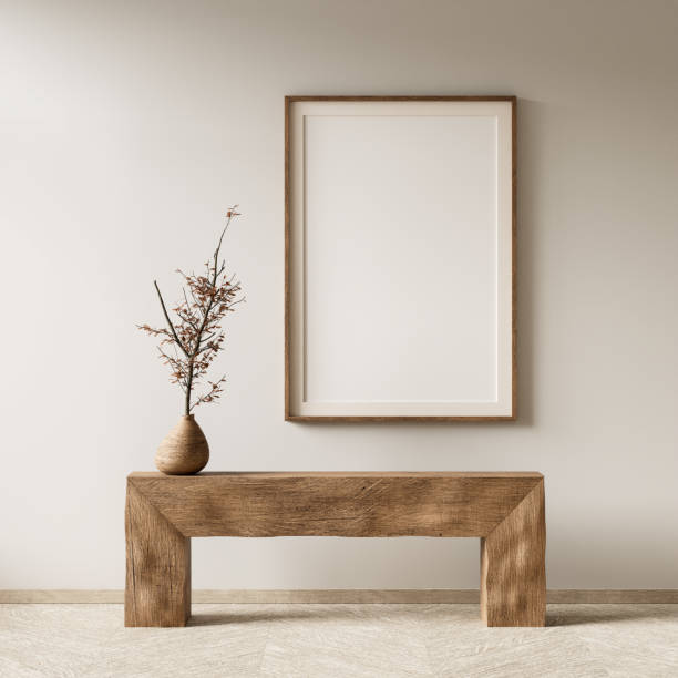 istock Mock up poster frame in boho style decorated livinig room. Light modern Interior design of living room with wooden furnitures. 3D illustration 2173475496