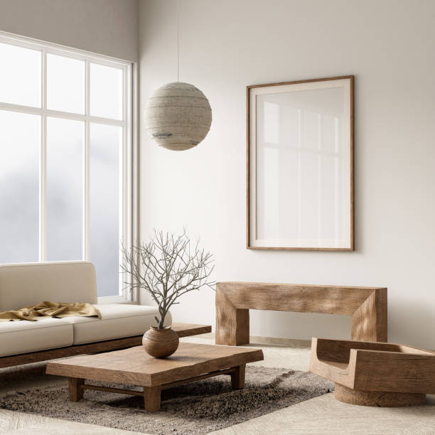 istock Mock up poster frame in boho style decorated livinig room. Light modern Interior design of living room with wooden furnitures. 3D illustration 2173475499