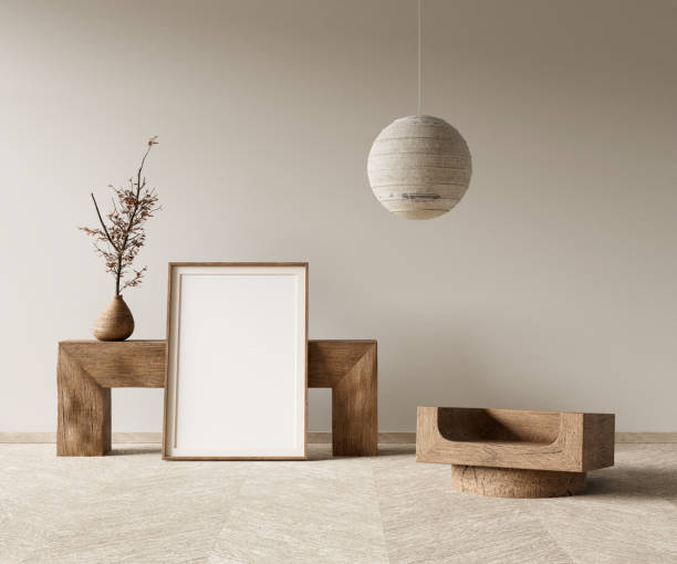 istock Mock up poster frame in boho style decorated livinig room. Light modern Interior design of living room with wooden furnitures. 3D illustration 2173475501