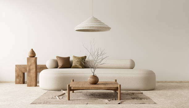istock Empty wall mock up in boho style decorated livinig room. Light modern Interior design of living room with wooden furnitures. 3D illustration 2173475507