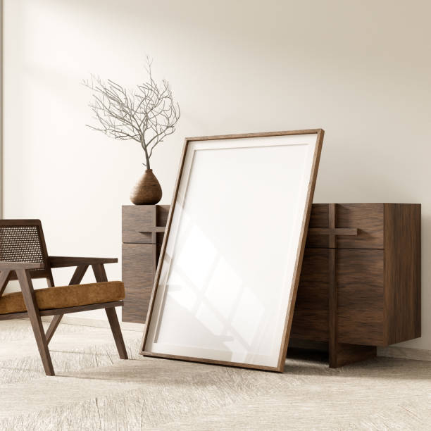 istock Mock up poster frame in boho style decorated livinig room. Light modern Interior design of living room with wooden furnitures. 3D illustration 2173475512