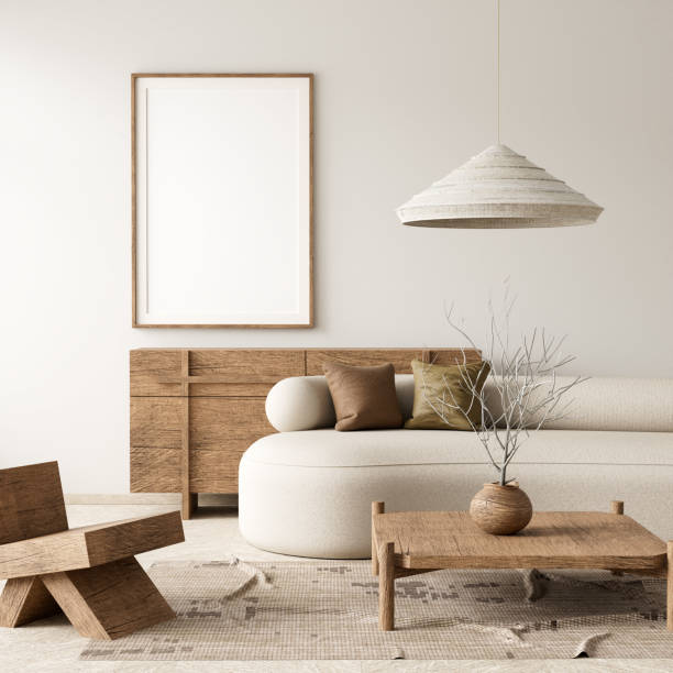 istock Mock up poster frame in boho style decorated livinig room. Light modern Interior design of living room with wooden furnitures. 3D illustration 2173475513