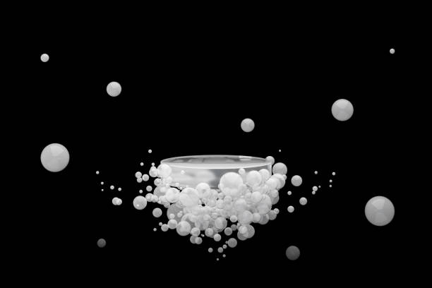 Floating white bubbles ice or glass cold cool fresh circle stand product display pedestal black background advertisement frozen sphere crystal cosmetics snow freeze. clipping path. 3D illustration.