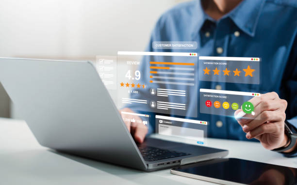 istock Online customer satisfaction survey service concept. User give Rate service from experience. Consumer give Stars, comment  and feedback review for quality, Business reputation ranking from buyers 2173477597