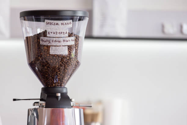 istock A coffee grinder with a label that says Special Blend Ethiopian. 2173478755