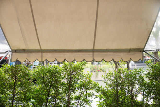istock A white canopy with a white trim is over a garden with many plants 2173478799