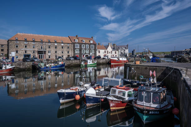 View of the Eyemouth docks with boats moored at the Scottish seaside town on June 02, 2021 in Eyemouth, Scotland