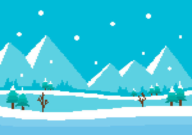 Winter Landscape. Pixel Art. Vector Illustration.