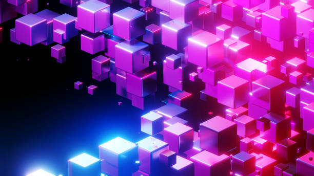 istock Abstract technology background with 3D cubes in space, purple blue neon glowing cubes on black. 2173489286
