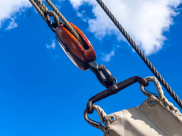 An old sailing freighter anchored in Düsseldorf. Sail, knots  and mast details from this old, historic, wooden sailing ship.