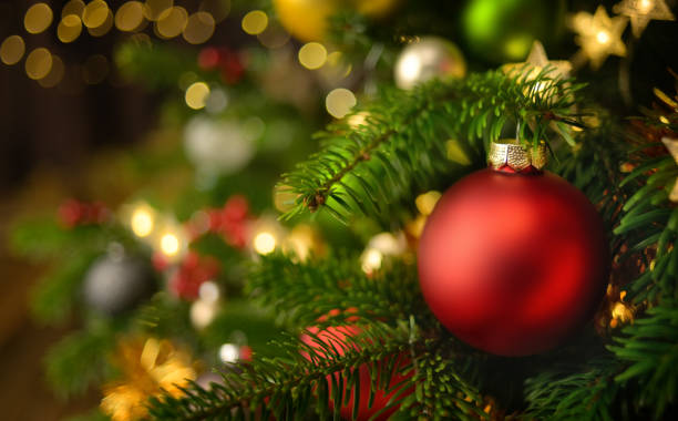 Closeup of a Christmas bauble hanging on a tree