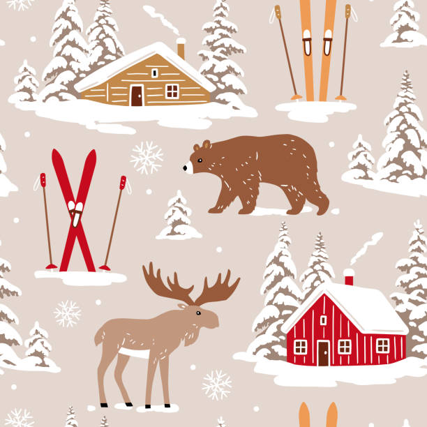 Seamless vector pattern with snowy woodhouse, ski equipment, moose and bear. Hand drawn winter forest landscape. EPS 10 vector file. Perfect for textile, wallpaper or print design.
