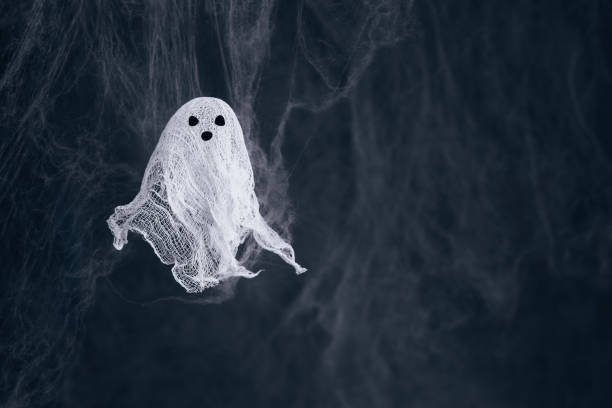 istock Funny ghost made of gauze and starch on a dark spider web background with copy space. Creative DIY Halloween decor. 2173505896