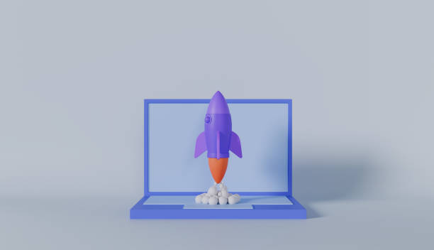 istock Rocket launch on laptop, flying rocket icon, business startup project concept 2173508375