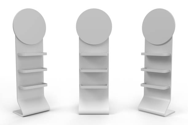 istock Supermarket Promotional Display Rack With Round Header, Three Tier Empty Product Display, PDQ Display Box With Three Different View, Floor Stand Display. 3D Render Illustration. 2173525945