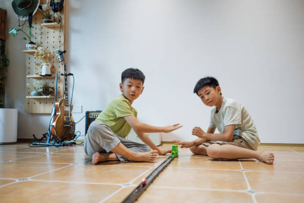 The two brothers are playing at home