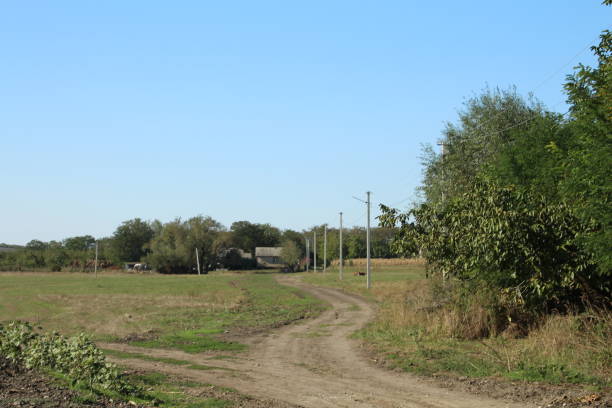 istock A dirt road with trees and a building in the background 2173534796