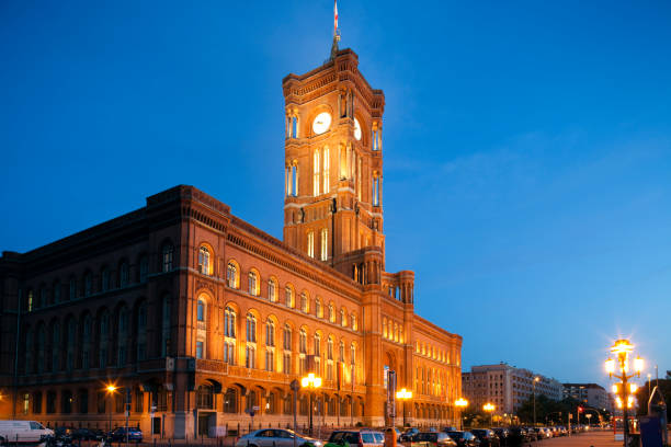 istock Red City Hall Illuminated at Dusk in Berlins Mitte District, Germany 2173546389