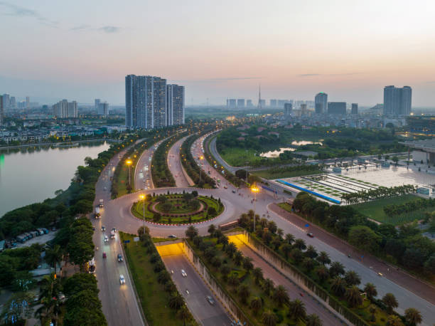 istock Hanoi skyline cityscape at sunset on Thang Long avenue, Tu Liem district 2173551567