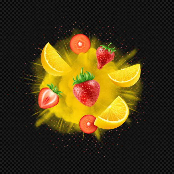 istock Realistic whole and slice fresh lemon and strawberry with leaves, flying on yellow citrus explosion on dark transparent background. Yellow citrus and berries splash. 2173552429