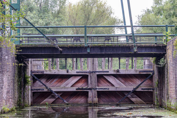 istock Bridge at wooden gate at entrance or exit of manual lock 2173555259