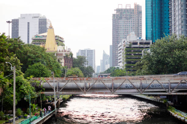 Wat Sri Bunruang Watergate canal in Bangkok Bang Kapi seen from bridge over canal and Pradit Manutham Road. View to west in early sunset time. City skyline is along both sides of canal at Phetchaburi Road at right side and behind promenade along canal at left side