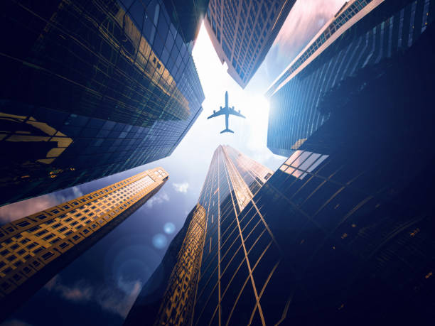 corporate business downtown with airplane