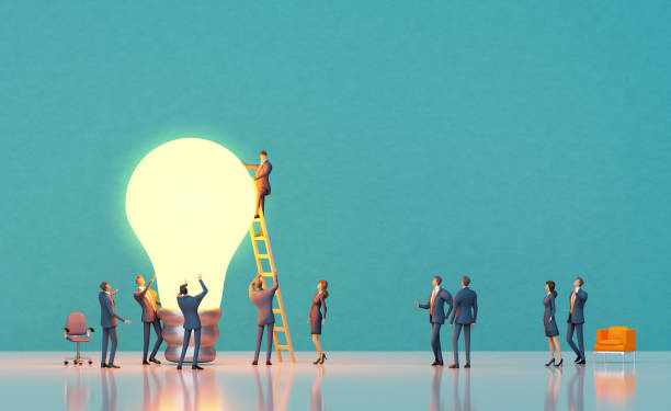 Team of experiences professional people are working around big light bulb. New idea, think out of box concept 3d rendering