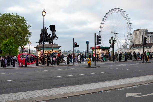 A vibrant cityscape showcasing a red double-decker bus, a black taxi, and the London Eye in the background, capturing the essence of London's culture and transportation system.