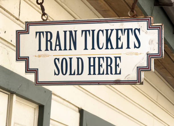 Skagway, Alaska -- August 10, 2024: White Pass & Yukon Route Railway Station ticket sign. This scenic narrow gauge railway was built in 1898 during the Klondike Gold Rush. It is one of the most popular tourist attractions in Alaska.