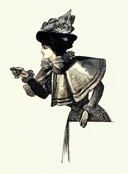 Well dressed young woman holding a cup of tea, drinking, Vintage illustration, 1890s, Victorian, 19th Century