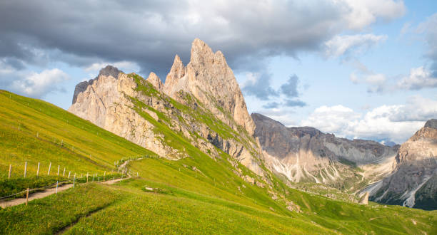 istock panoramic view of Seceda mountain peak with hiking trial, Dolomites, Italy 2173579964