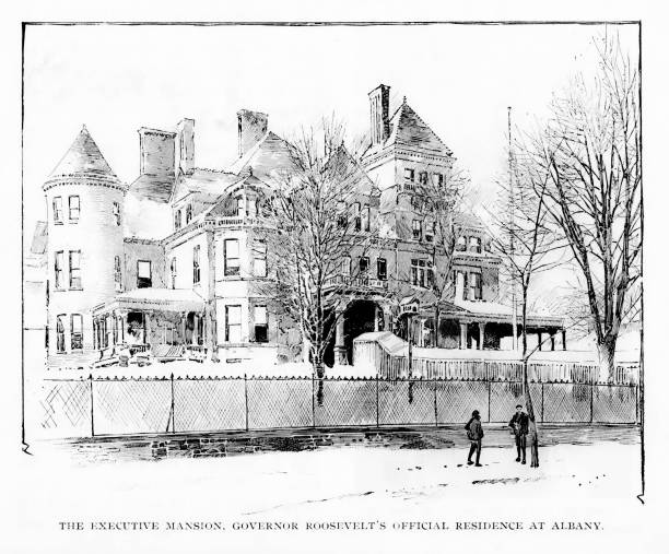 Theodore Roosevelt's Governor Mansion, New York, United States, 19th Century American History Before 26th U.S. President, Theodore Roosevelt lived in the Governor's Mansion as governor of New York. Photograph published 1899. Original edition is in my archives. Copyright expired and in Public Domain. theodore roosevelt us president stock illustrations