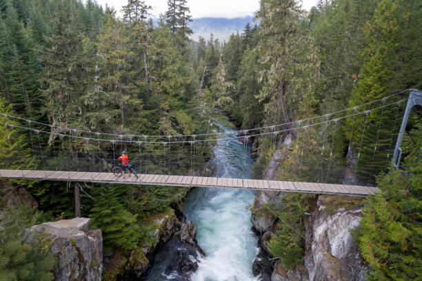 istock Female mountain biker crosses suspension bridge over river 2173585975
