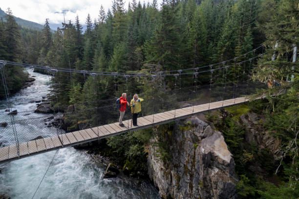 istock Mature couple cross suspension bridge over river 2173586071