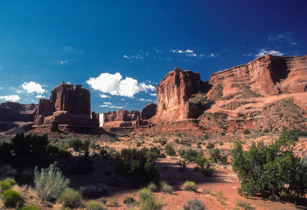 Arches NP - Courthouse Towers Area - 1986. Scanned from Kodachrome 25 slide.
